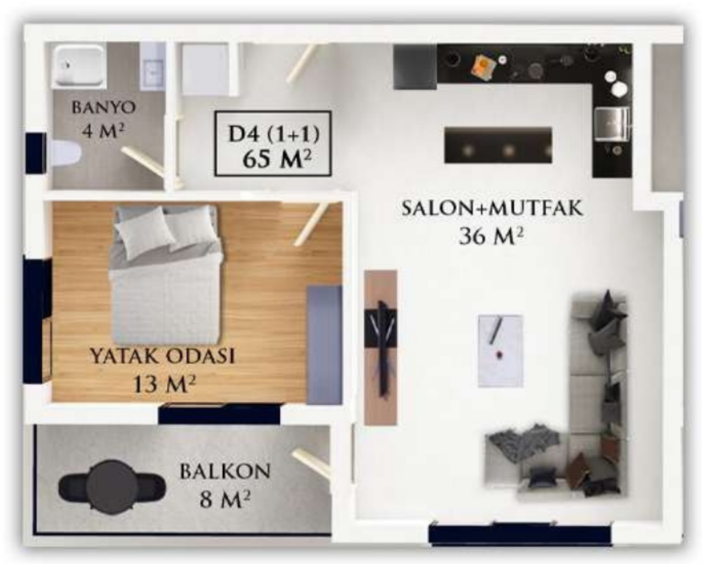 1+1 65 m² daire planı
