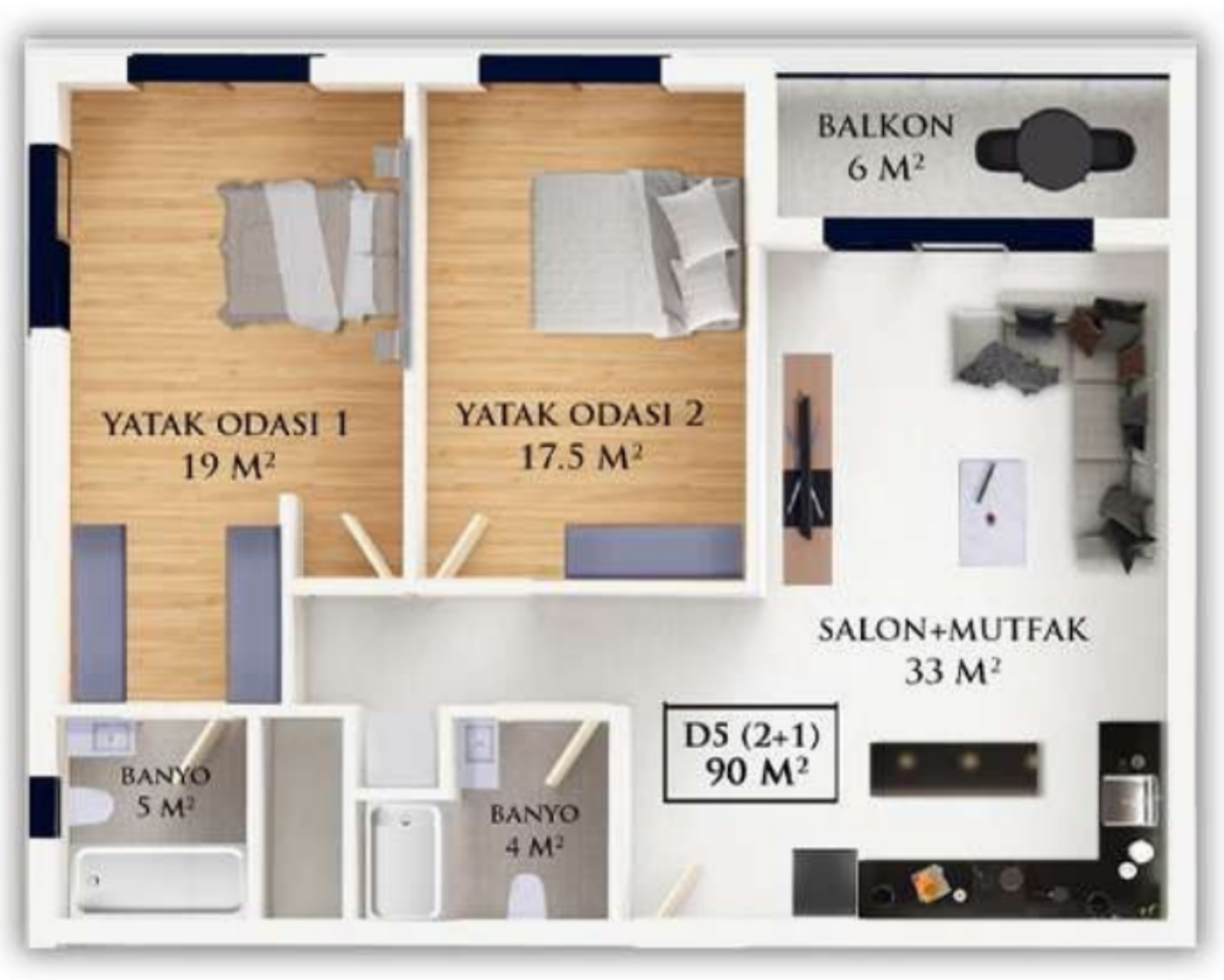 2+1 90 m² daire planı