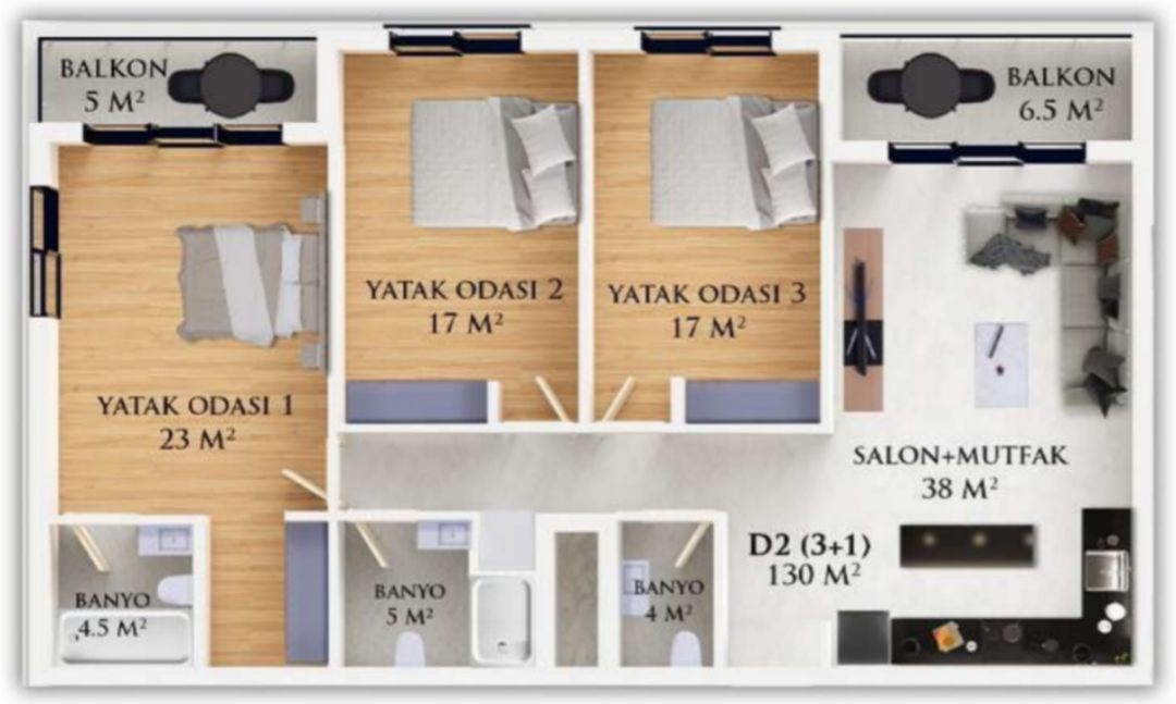 3+1 130 m² daire planı